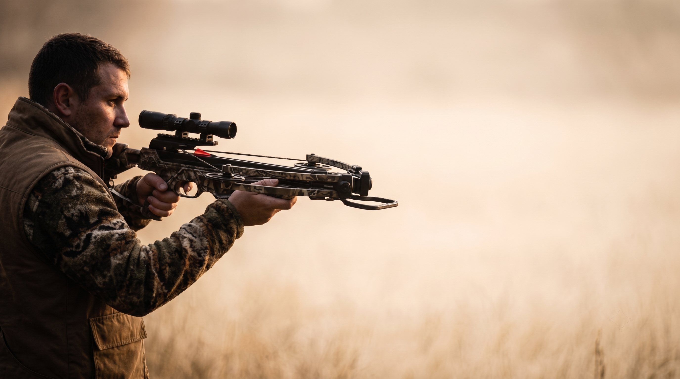 Hunter with a compound crossbow at golden hour Hunter with a compound crossbow at golden hour